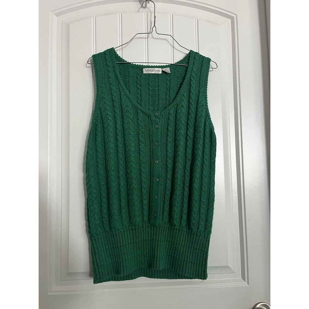 Vintage Sweater Vest Womens Large Green Cableknit Preppy Cotton Ramie 707